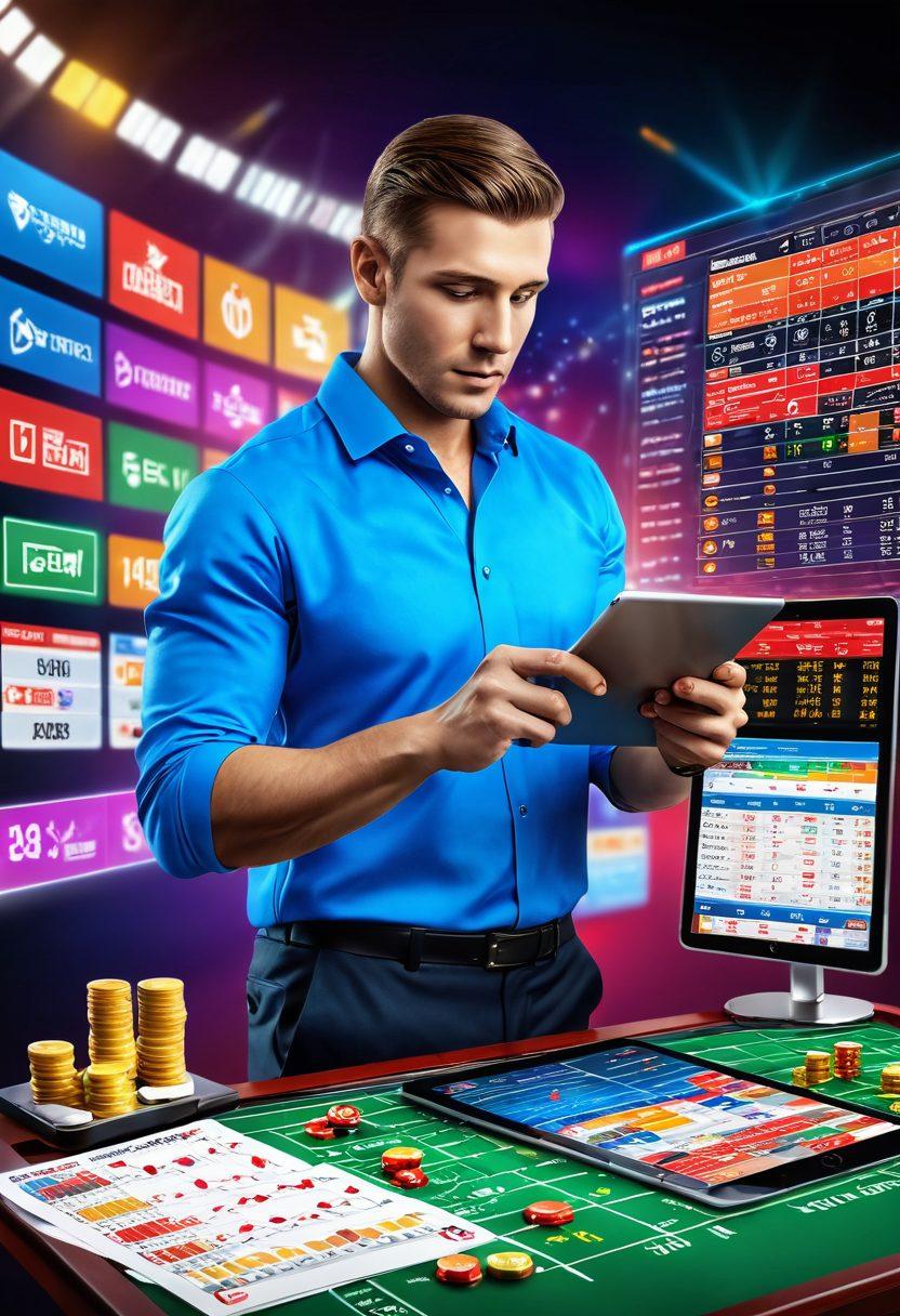 A vibrant illustration of a confident bettor studying various betting strategies and statistics on a digital tablet amidst a backdrop of dynamic sports events. Include symbols of success like a trophy and charts with rising graphs. The scene should evoke excitement and determination in the world of online wagering. super-realistic. vibrant colors. 3D.