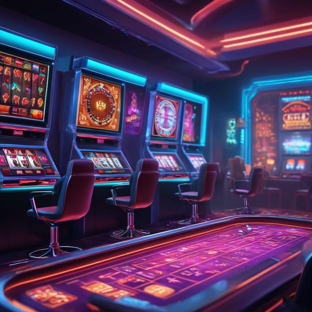 A modern virtual casino scene showcasing a diverse group of players engaging with various games like poker, roulette, and slot machines. Bright neon lights reflect a dynamic atmosphere, while overlays of strategic betting tips float around, including symbols like dice and chips. In the background, a flowing digital screen displays analytics and player stats, emphasizing smart betting strategies. The colors are vibrant and inviting, capturing the thrill of online gambling. cyberpunk style. vibrant colors. 3D.