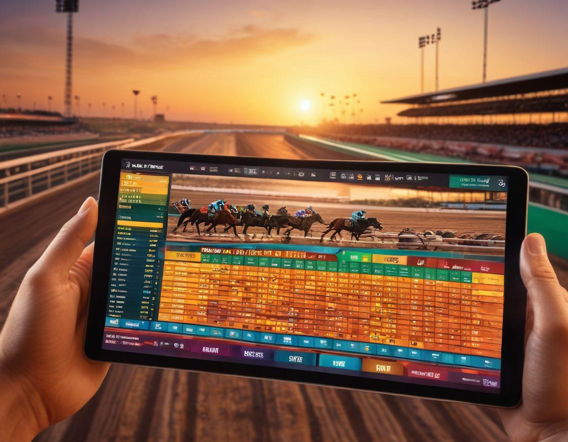 A visually striking image of a racetrack at sunset, with excited fans cheering, colorful betting slips floating in the air, and a digital leaderboard showcasing winning odds. In the foreground, an expert bettor examines statistics on a tablet. The atmosphere is electric, capturing the thrill of wagering and victories. super-realistic. vibrant colors. 3D.